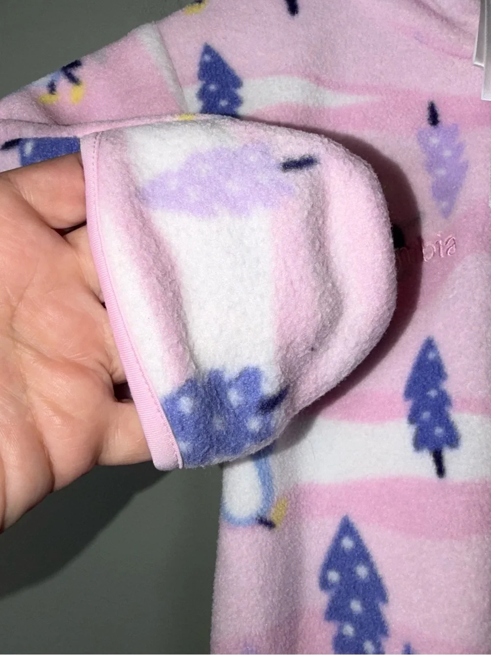 Columbia brand pink fleece hooded bunting penguin tree pattern 12 Months